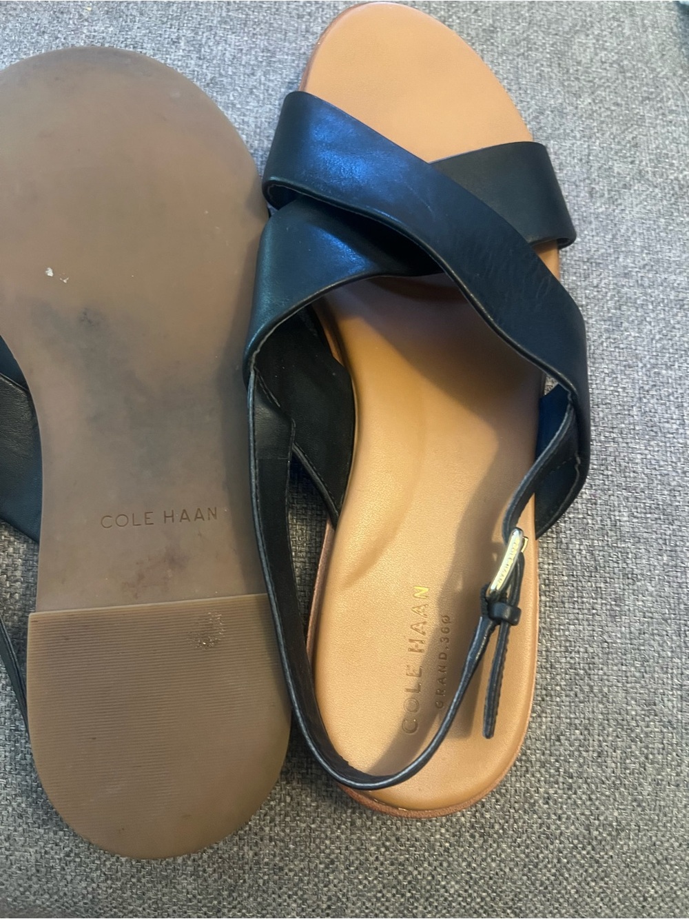 Cole Haan Black Leather Crisscross Slide Sandals with Tan Footbed